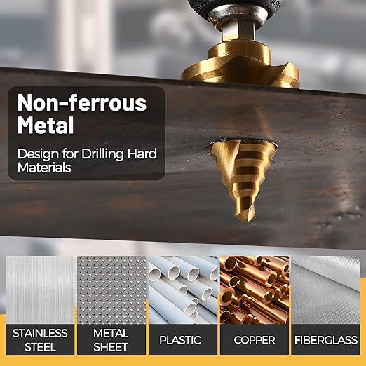 Step Drill Bits, 5PCS Spiral Grooved HSS Titanium Step Drill Bit Set, 50 Sizes High Speed Steel Step Bits for Metal with Aluminum Case