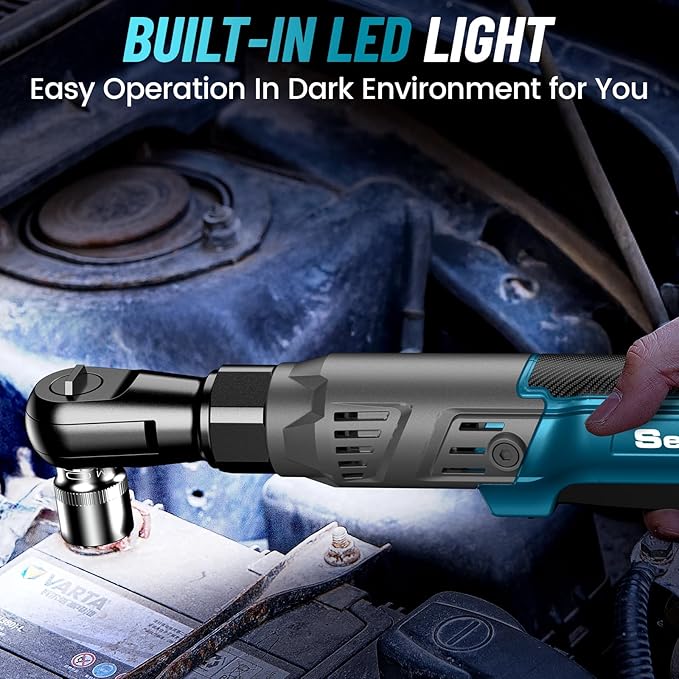 Seesii 21V Cordless Electric Ratchet Wrench Set, 66Ft-lbs 200RPM Power Ratchet Wrench 3/8", Variable Speed Trigger, 2x 2.0A Batteries & Charger, 8 Sockets, 1/4" and 1/2" Adapter, 3" Extension Bar