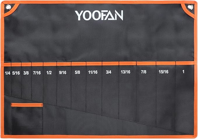 YOOFAN Wrench Roll Up Pouch – Wrench Organizer with 13+1 Pockets, Wrench Bag with handle, Wrench Holder for Hanging, Orange - SAE