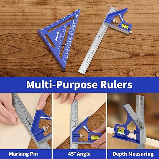 Square Combination Woodworking Tools, 7inch Carpenter Square Wood Working Tools and Accessories, 12inch Square Ruler, Includes 2-in-1 Carpentry Pencil, Protractor Angle Ruler Carpentry Tool