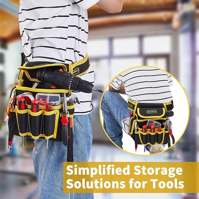 Tool Pouch with Belt, 9 Pocket Heavy Duty Tool Belt, Waterproof Electrician Tool Pouch,Utility Belt Single Side Belt Pouch for Electrician/Carpenter/Construction (Black Yellow)