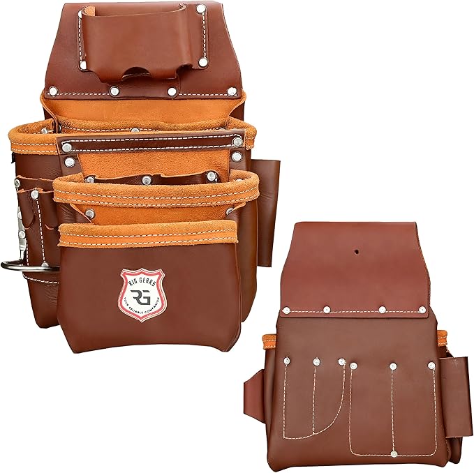 Leather Tool Belt with Adjustable Hook - Premium Heavy Duty Tool Belts for Men with 22 Multi-Purpose Pocket Tool Pouch (Maroon, Standard), RG-004