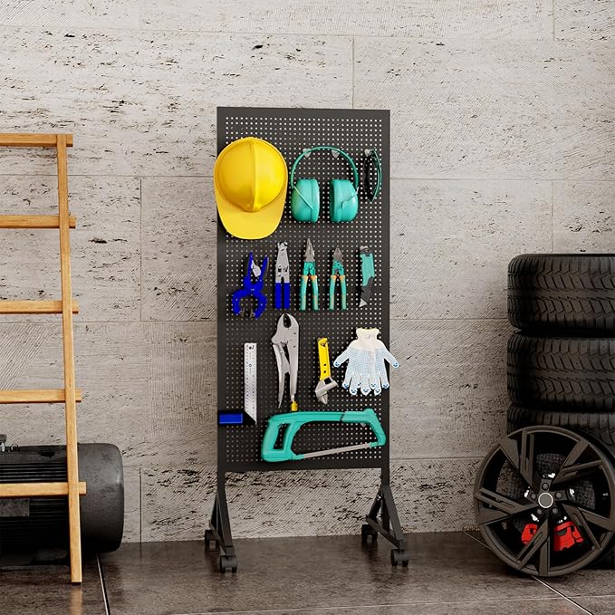 Metal Pegboard Display Stand 2 x 4.9 Feet, Adjustable Height with 40 Peg Board Hooks and Wheels, pegboard display rack, Craft Display Rack, Retail Display Rack, Garage Peg Board, Pegboard