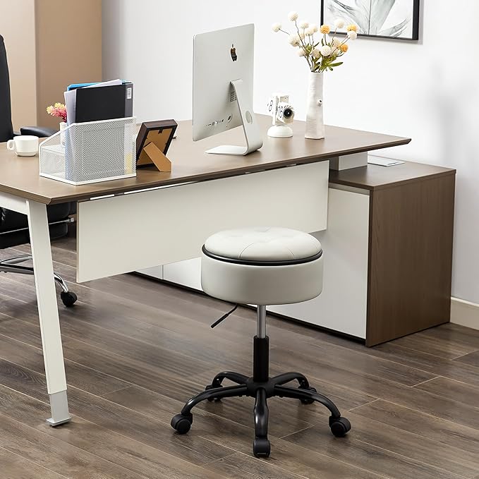 Vnity Stool with Wheels (Chair & Small Table in One) (Adjustable Tattoo Chair 20.67"-24.61"), Gray Stool for Desk with Storage