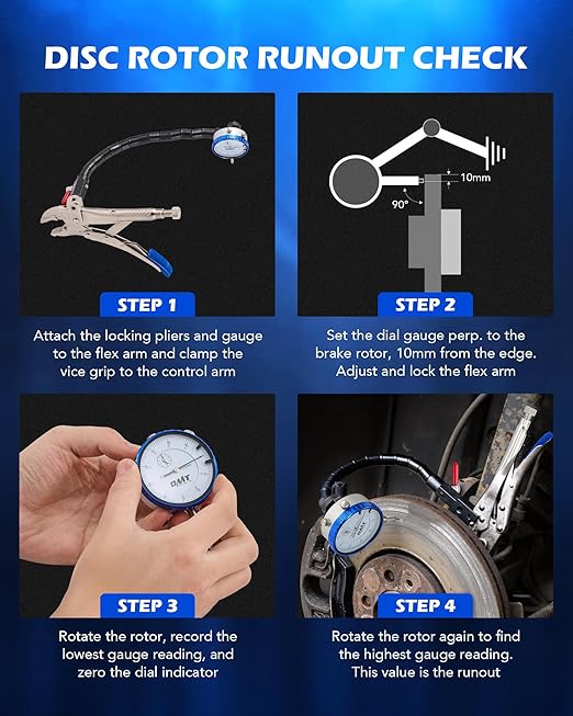 Orion Motor Tech Dial Gauge, Brake Runout Gauge and Ball Joint Gauge, Clamping Dial Indicator with 7 in Locking Pliers & 360° Flexible Stem Holder, 0.01 mm Precision Automotive Dial Indicator