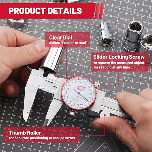 Metric Dial Caliper Measuring Tool 0-150mm Range, Analog Precision Caliper ±0.02mm Accuracy, Manual Mechanical Metal Stainless Steel Measuring Dial with 4-Way Measurements