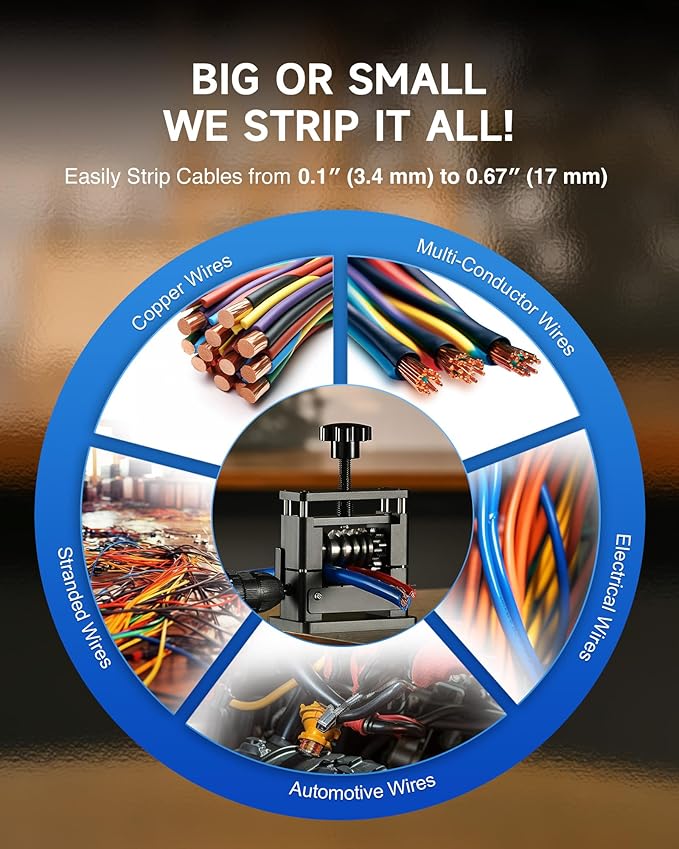 CREWORKS Manual Wire Stripping Machine, Drill Powered Wire Stripper Machine with 6 Channels & 5 Blades, Portable Cable Stripper Tool with Hand Crank for 0.1" to 0.67" Scrap Copper Cables Recycling