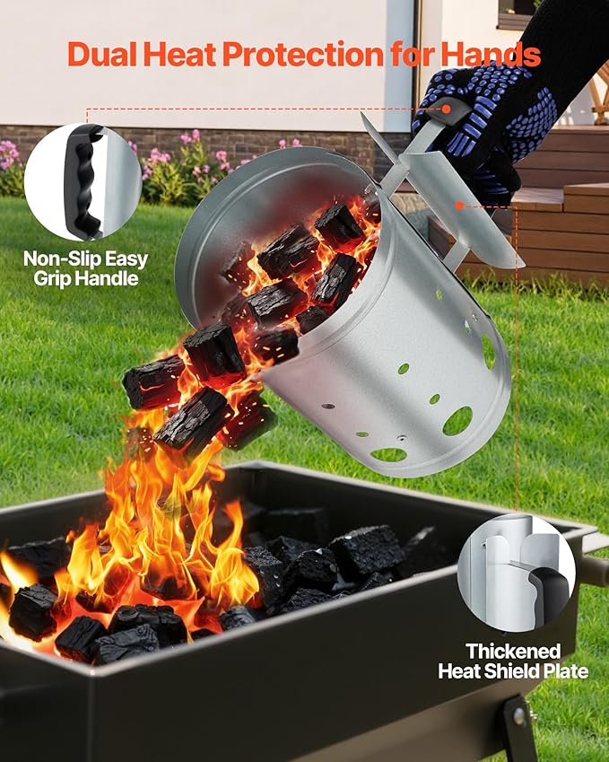 VEVOR Charcoal Chimney Starter, 4 lbs Large Capacity Coal Fireplace, Heavy Duty BBQ Steel Chimney Starter for Charcoal Grill and Barbecues, Compact On-The-Go Carbon Lighter and BBQ Grill Tool, Silver