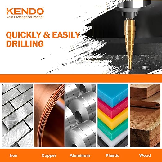KENDO Step Drill Bit Set, Double Cutting Blades High Speed Steel Step Drill Bits for Metal, Wood Hole Drilling, Plastic, Total 28 Step Sizes Taper Drill bit Set, DIY Lovers with Bag, 3 Pieces