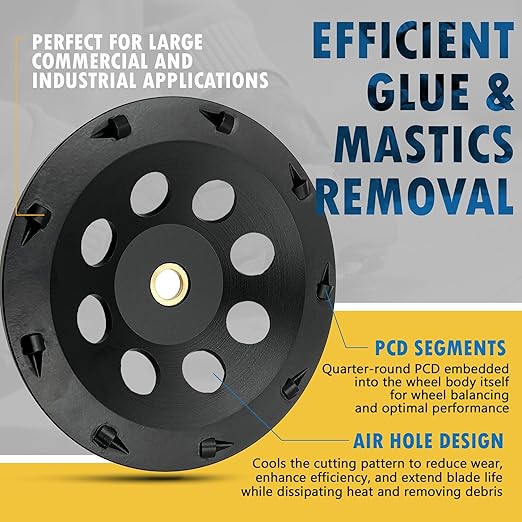 7" PCD Grinding Wheel for Epoxy, Glue, Mastic and Paint, 9 PCD Segments, 7/8"-5/8" Non-Threaded Arbor