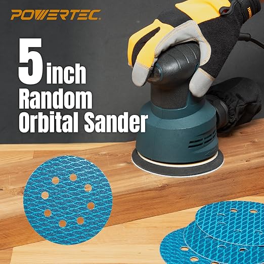 POWERTEC 5 Inch 8-Hole Hook and Loop Diamond Shaped Sanding Discs, 30-Pack Assorted Grits (60/80/120) for Random Orbital Sanders –J-Weight Cloth Backing for Long Life, Anti-Clog Sandpaper (44900)