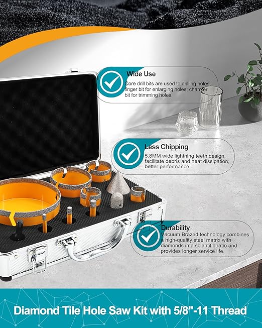 Tile Hole Saw Kit 11pcs - Diamond Core Drill Bits Set (6/8/10/25/35/50/75/125mm) & Adapter for Tile Marble Granite with 4/5" Diamond Finger Bit and 2" Chamfer Bit Trimming Holes