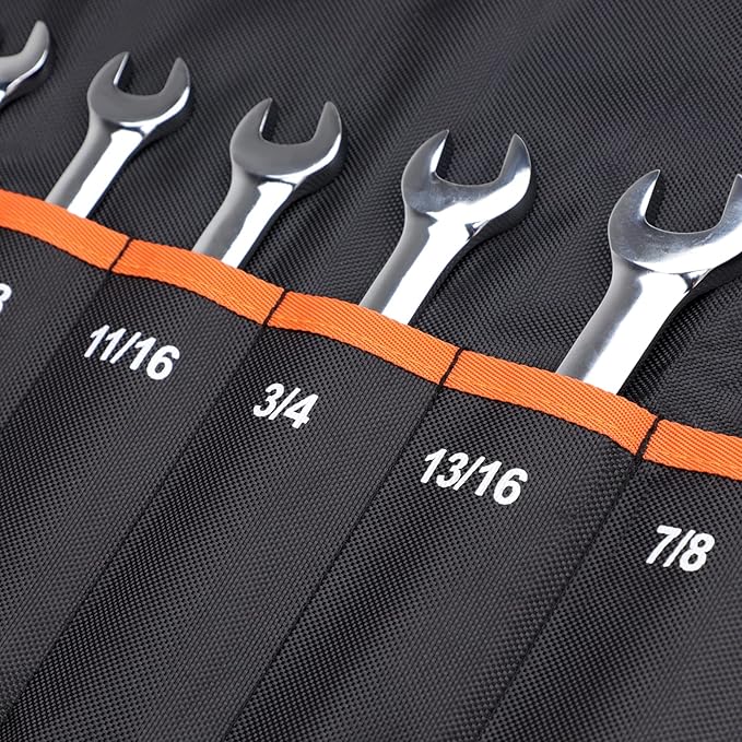 YOOFAN Wrench Roll Up Pouch – Wrench Organizer with 13+1 Pockets, Wrench Bag with handle, Wrench Holder for Hanging, Orange - SAE