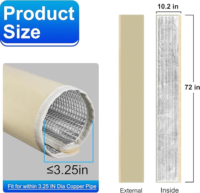3 Layers HVAC Copper Pipe Insulation Cover Protector,Flexible AC Copper Line Insulation Sleeve,600D Oxford 72x10.2 Inch AC Pipe Insulation Wrap for Outside Central Air Conditioning Splits Khaki