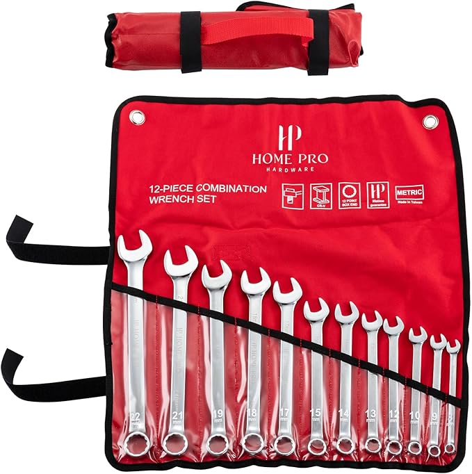 12-Piece Wrench Set, Metric and Standard Combination Wrench Set,Mirror Polished Finish CR-V Professional Spanner,Wrench Tool Set with Organizer Rack and Rolling Pouch
