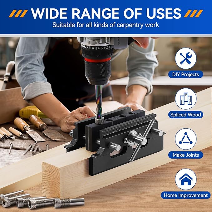 Self Centering Doweling Jig Kit,Adjustable Width Dowel Jig for Straight Holes,Adjustable Drilling Guide Wood Working Tools with 6 Drill Guide Bushings, Wood Doweling Jig for Woodworking（Black)