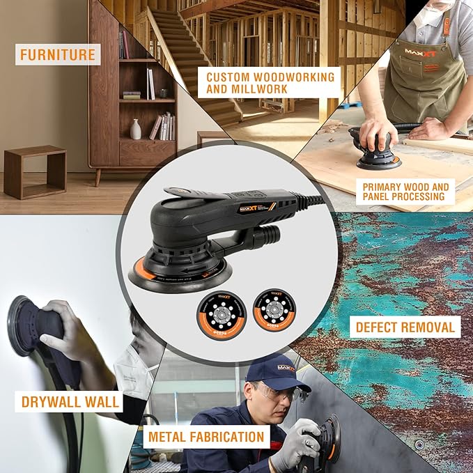 MAXXT Electric 5mm Random Orbital Sander, Palm Sander with Brushless Motor, 5&6Inch Sanding Pads, Central Vacuum, Sanders for Woodworking, Primary Wood and Panel Processing