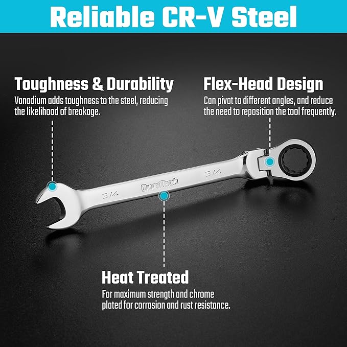 DURATECH 3/4" Flex-Head Ratcheting Combination Wrench, SAE, 72-Tooth, CR-V Steel