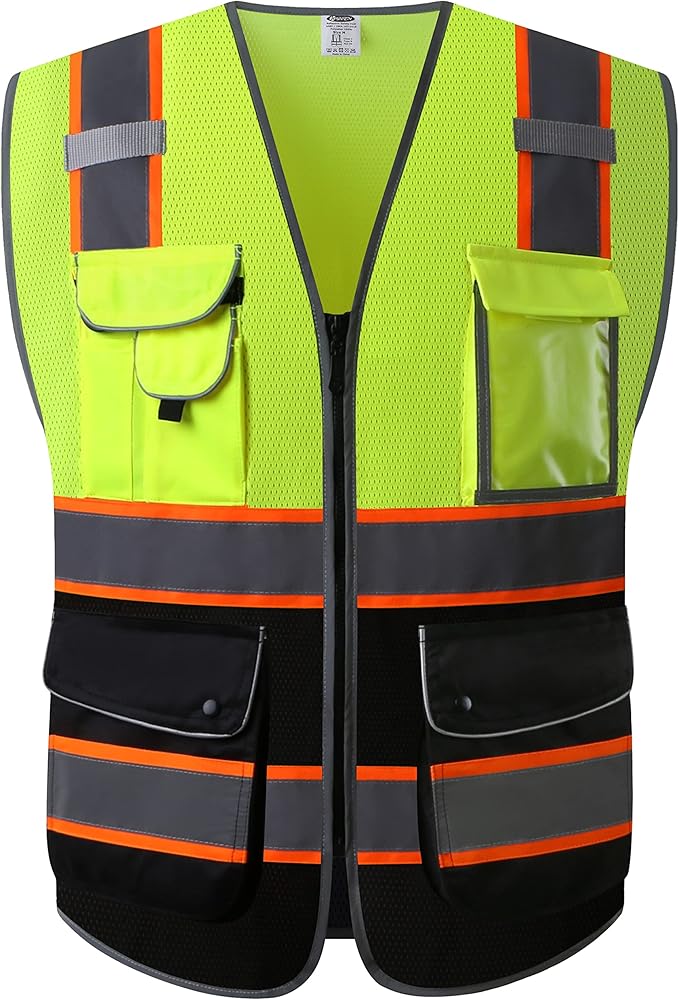 JKSafety 9 Pockets Class 2 High Visibility Dual Color Zipper Front MESH Lite Safety Vest | Orange Color Triming Reflective Strip | ANSI/ISEA Standards (100-Yellow-Black, L)