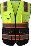 JKSafety 9 Pockets Class 2 High Visibility Dual Color Zipper Front MESH Lite Safety Vest | Orange Color Triming Reflective Strip | ANSI/ISEA Standards (100-Yellow-Black, XXL)