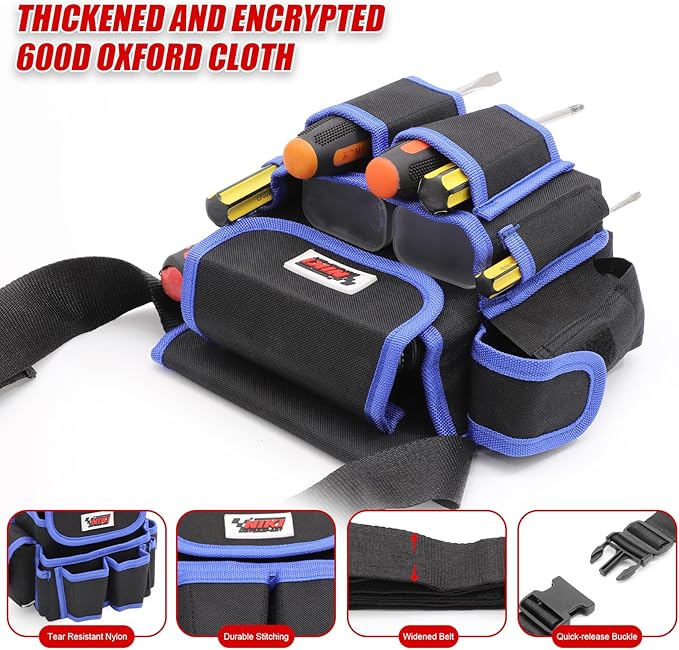 Tool Belt,600D Water-draining Oxford Cloth Tool Belts for Men,Electrician Tool Belt Widely Applied to Repairmen,Electrician,Carpenter,Construction (8 pockets)