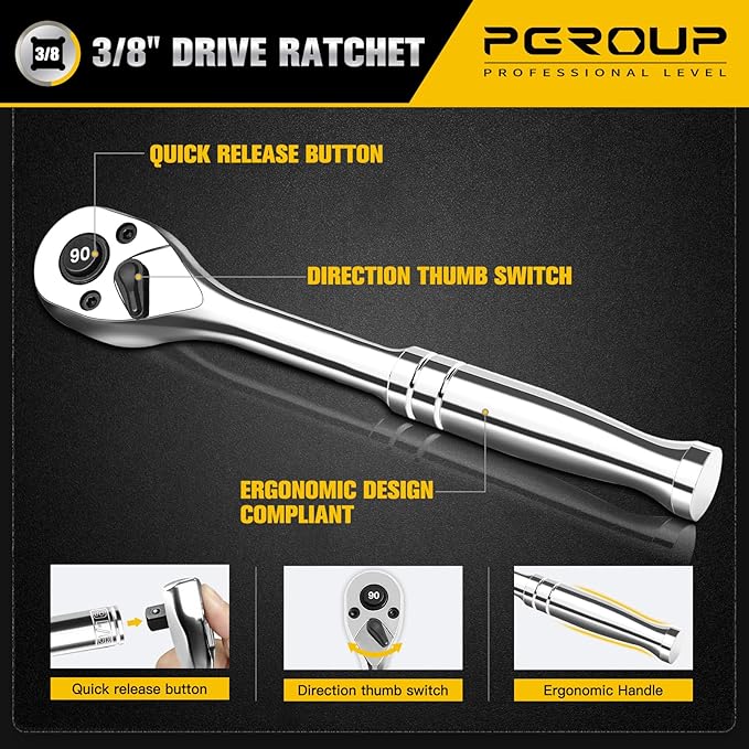 3/8-Inch Drive Ratchet Wrench, 90-Tooth Quick-release Reversible Ratchet Wrench with an Extension Bar(3 inch), 6" Long Socket wrench, 4-Degree Swing, Full Polished,Cr-Mo Head For Gifting,Repairing
