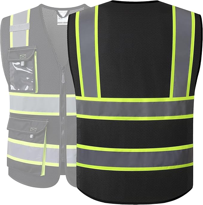 JKSafety Hi Vis Reflective Safety Vests for Men Women High Visibility Vest with Pockets Mesh Fabric Construction Safety Apparel Neon Vest for Work (220-Black M)