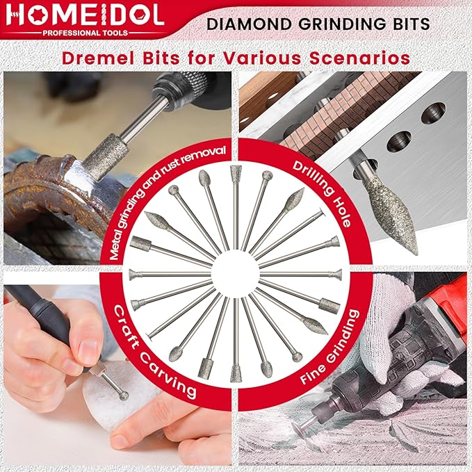 20PCS Stone Carving Set Diamond Burr Bits, HOMEIDOL Diamond Grinding Bits Suitable for Dremel, Polishing Kits Rotary Tools Accessories with 1/8" Shank for Carving, Engraving, Grinding, Stone, Glass