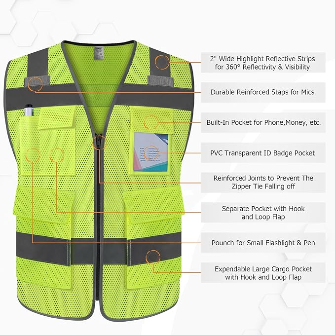 TCCFCCT Mesh Safety Vest 5 Pockets High Visibility Reflective Vest for Men Women, Durable Construction Vest with Horizontal Strip for Walkie-talkie, Meets ANSI/ISEA Standards, Yellow, L