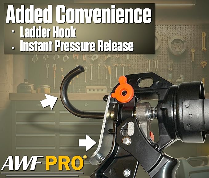 AWF PRO 29 oz Dual Thrust Caulk Gun - 25:1 or 12:1 Thrust Ratio, Dripless, Rotating Barrel, Comfort Grip, with Built-In Puncture Tool