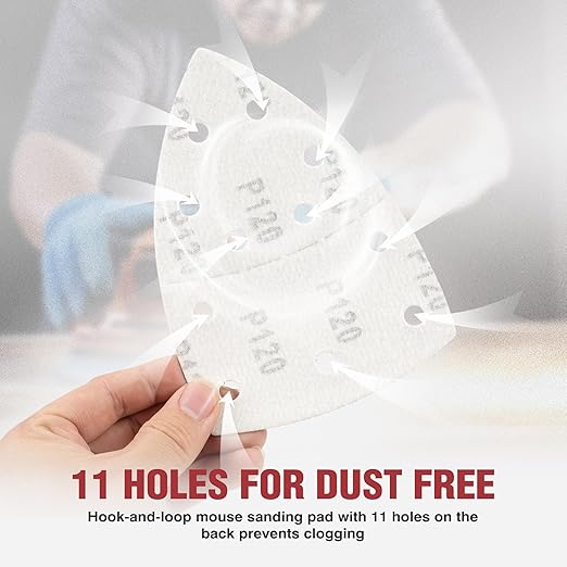 S SATC 50 PCS Mouse Sander Sandpaper 11 Holes 120 Grit Detail Sander Sandpaper Palm Sander Paper Hook and Loop Sander Pads Triangular Sanding Sheets