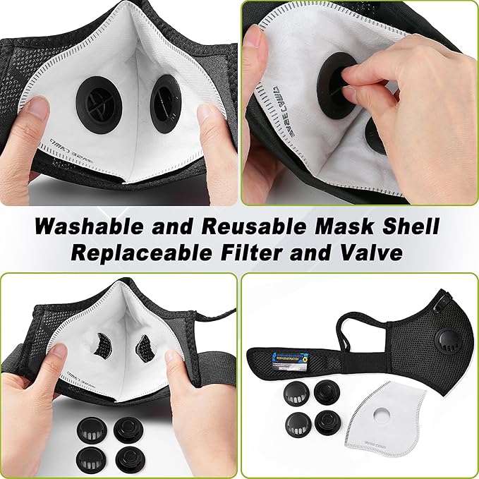 BASE CAMP Silver and Black Upgrade M Plus Dust Mask, Reusable Respirator Face Mask with 6 Activated Carbon Filters, Safety Work Masks for Woodworking, Construction, Yard Lawn Paint, Dust