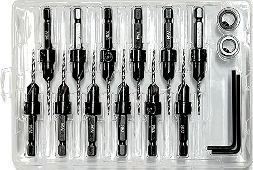 FTG USA 12 Pc #4 (7/64") Countersink Drill Bit Set with Depth Stop Collar, Hex Wrench - Tapered Drill Bits for Wood