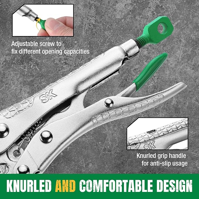SK 5-Piece Locking Pliers Set, Long Nose & Curved Jaw Locking Pliers, Premium CR-V Construction, Ergonomic Anti-slip Handle, Ideal for Welding or Assembly, with Rolling Pouch
