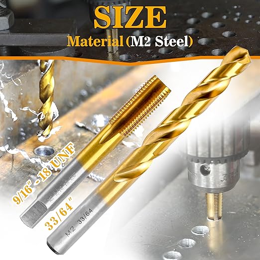 9/16"-18 UNF Tap and 33/64" Drill Bit Kit, M2 HSS Drill and Tap Set, Combination of Drill and Tap Kit for Metal