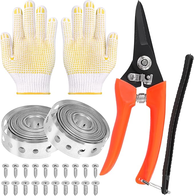 Glarks 54pcs 11/16inch x 10Feet Galvanized Metal Pipe Strap with Holes, Pipe Support Metal Strapping, Pipe Hanger Straps with 50pcs M4.2 M5 Screws, 1pcs Trimming Shear and Gloves
