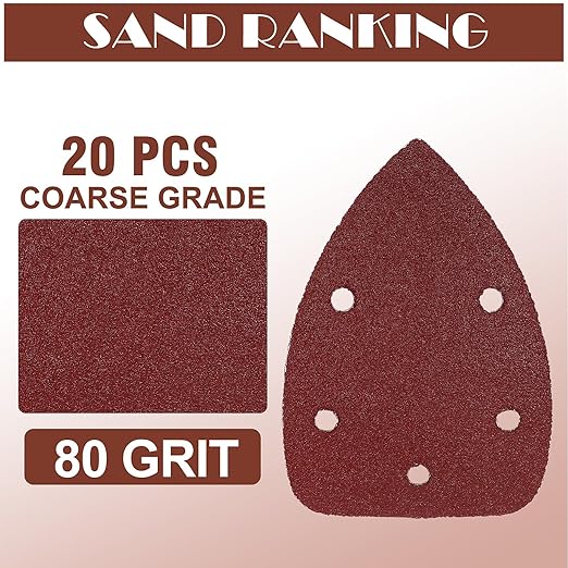 80 Grit Mouse Sander Sandpaper, Jamiikury 5 Hole Detail Sander Sandpaper Palm Sander Paper Mouse Sanding Pads Hook and Loop Sanding Sheets - Pack of 20