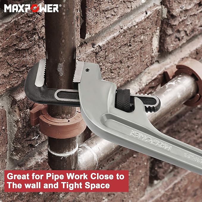 MAXPOWER 14-inch End Pipe Wrench, 45 Degree Aluminum Offset Pipe Wrench, Ideal for Pipe Working Close to The Wall