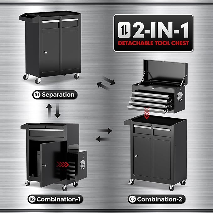 Crownland 5-Drawer Rolling Tool Chest with Wheels, Lockable 2 in 1 Detachable Tool Cabinet wit Drawers and Black Liners, Garage Top Toolbox & Bottom Storage Cart with Side Hooks(Black)