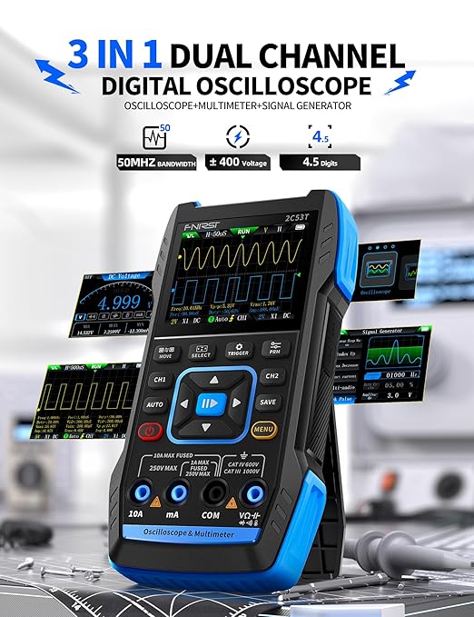 FNIRSI 2C53T Upgraded Handheld Oscilloscope, 50MHz Bandwidth, 250MS/s Sampling Rate, 20000 Counts, 3IN1 Digital Oscilloscope Multimeter DDS Generator, Voltage, Current, Capacitor, Resistor, Diode Test