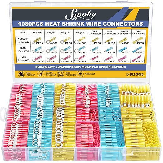 1080PCS Heat Shrink Wire Connectors, Sopoby Marine Grade Electrical Connectors Kit of Tinned Red Copper, Waterproof Crimp Insulated Ring Fork Spade Butt Splice AWG 22-10