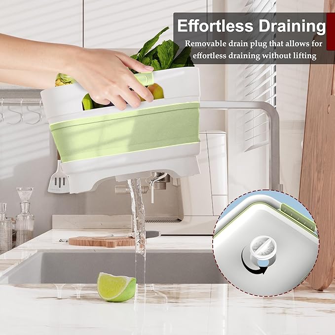 2.4 Gal Collapsbile Wash Basin with Drian Plug,9L Dish Pan for Soaking Baby Bottles,Portable Sink, Multiuse Foldable Bucket,Ice Beverage Tubs for Camping, Vegetable Washing, RV (Green)