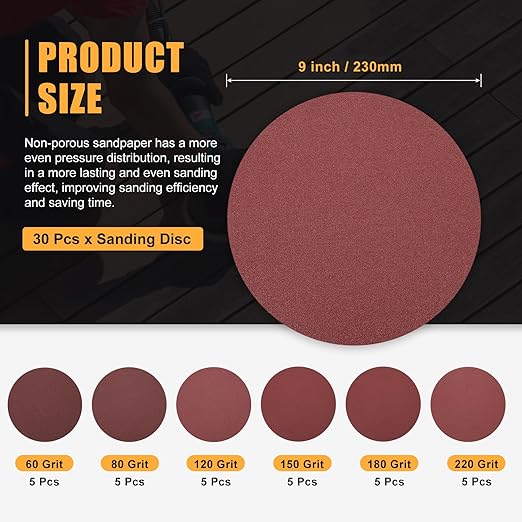 30 Pcs 9 Inch Sanding Disc 60/80/120/150/180/220 Grit Round Hook and Loop Sandpaper for Random Orbital Sander Automotive Car