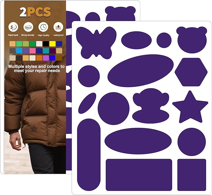 Azobur Down Jacket Repair Patches-Waterproof, Self-Adhesive,Nylon Fabric Patches for Puffy Jackets, Rain and Snow Gear, Tents, Sleeping Bag and More(Dark Purple，2pcs)