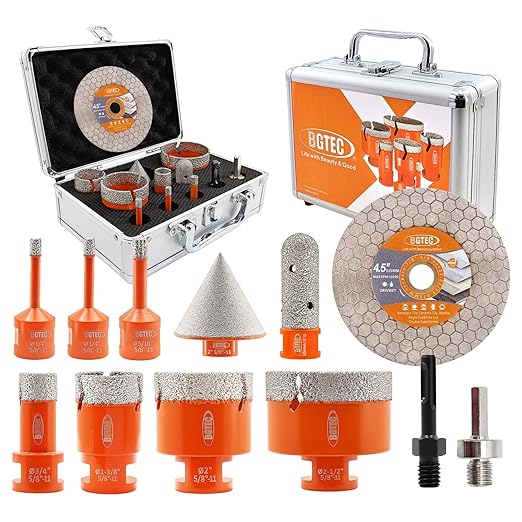 BGTEC Diamond Hole Saw Kit - 12PCS 6/6/8/19/35/50/65mm Drill Bits+20mm Milling Finger Bit+50mm Chamfering Bit+SDS/HEX+115mm Tile Blade for Porcelain Tile Ceramic Granite Marble Stoneware
