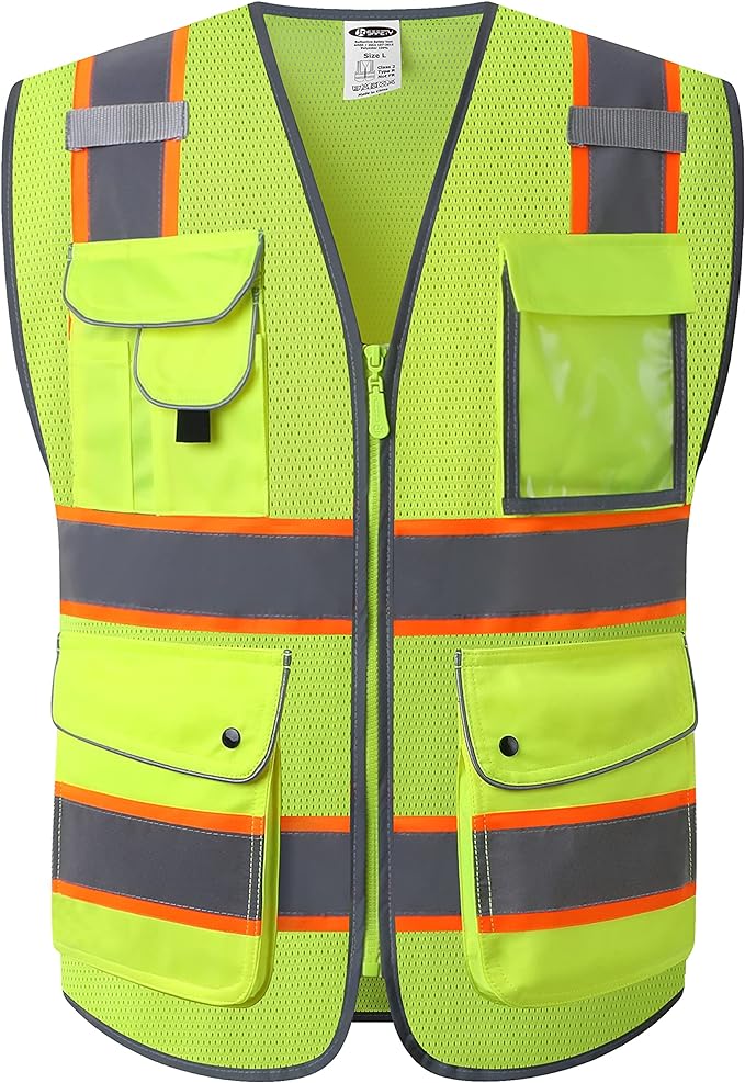 JKSafety 9 Pockets Hi-Vis Neon Yellow Zipper Front MESH Safety Vest with Fluorescent Orange Extend Edge outlining the Reflective Tapes Meet ANSI/ISEA Class 2 Standard (100-Yellow, L)