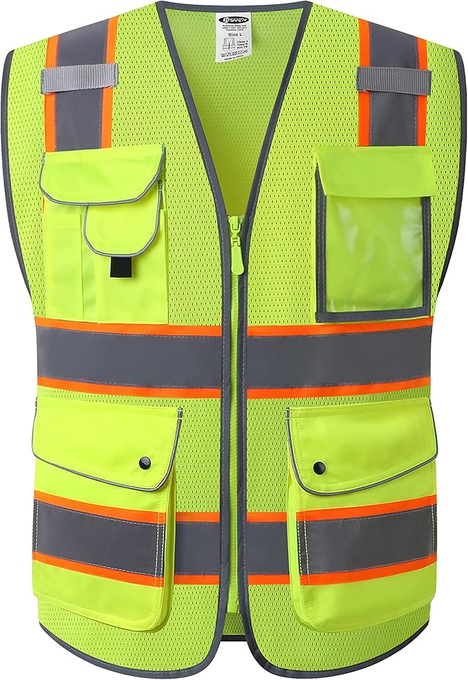 JKSafety 9 Pockets Hi-Vis Neon Yellow Zipper Front MESH Safety Vest with Fluorescent Orange Extend Edge outlining the Reflective Tapes Meet ANSI/ISEA Class 2 Standard (100-Yellow, 4XL)
