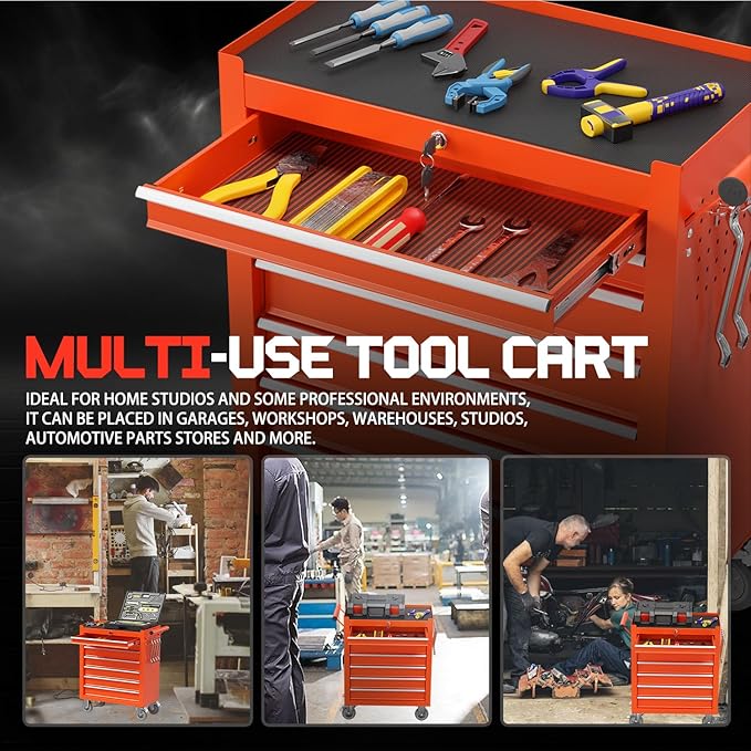 7-Drawer Rolling Tool Chest,Metal Rolling Tool Chest with Wheels and Locking Tool Box,Portable Metal Tool Box for Warehouse,Garage, Repair Shop, Workshop (Red, 7-Drawer)