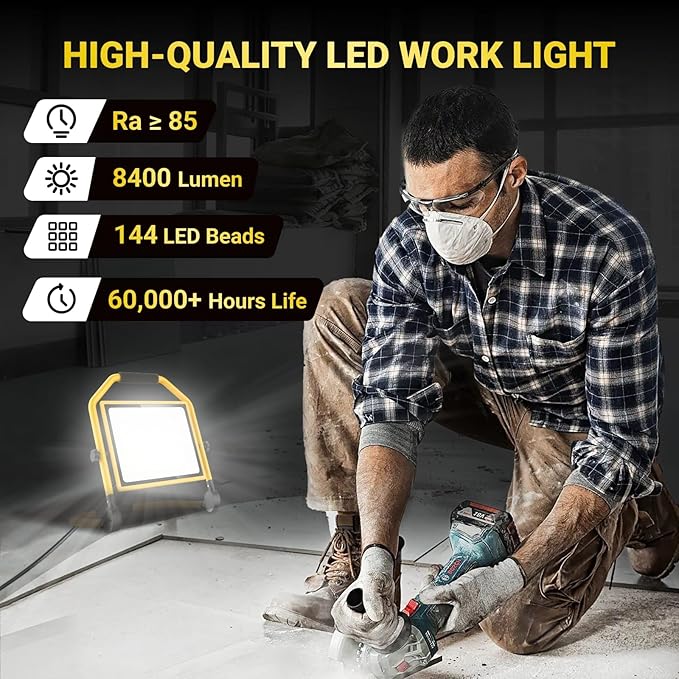 8400LM Super Bright LED Work Light, 70W Worklight with 16.4FT Cord, 180° Adjustable Stand, IP65 Waterproof Flood Light for Outdoor/Indoor Job Site Construction, Garage Lighting