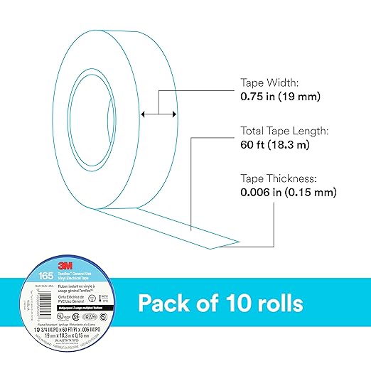 3M Temflex Multi-Purpose Vinyl Electrical Tape 165, Blue, 3/4 in x 60 ft (19 mm x 18 m), 10 Roll Pack